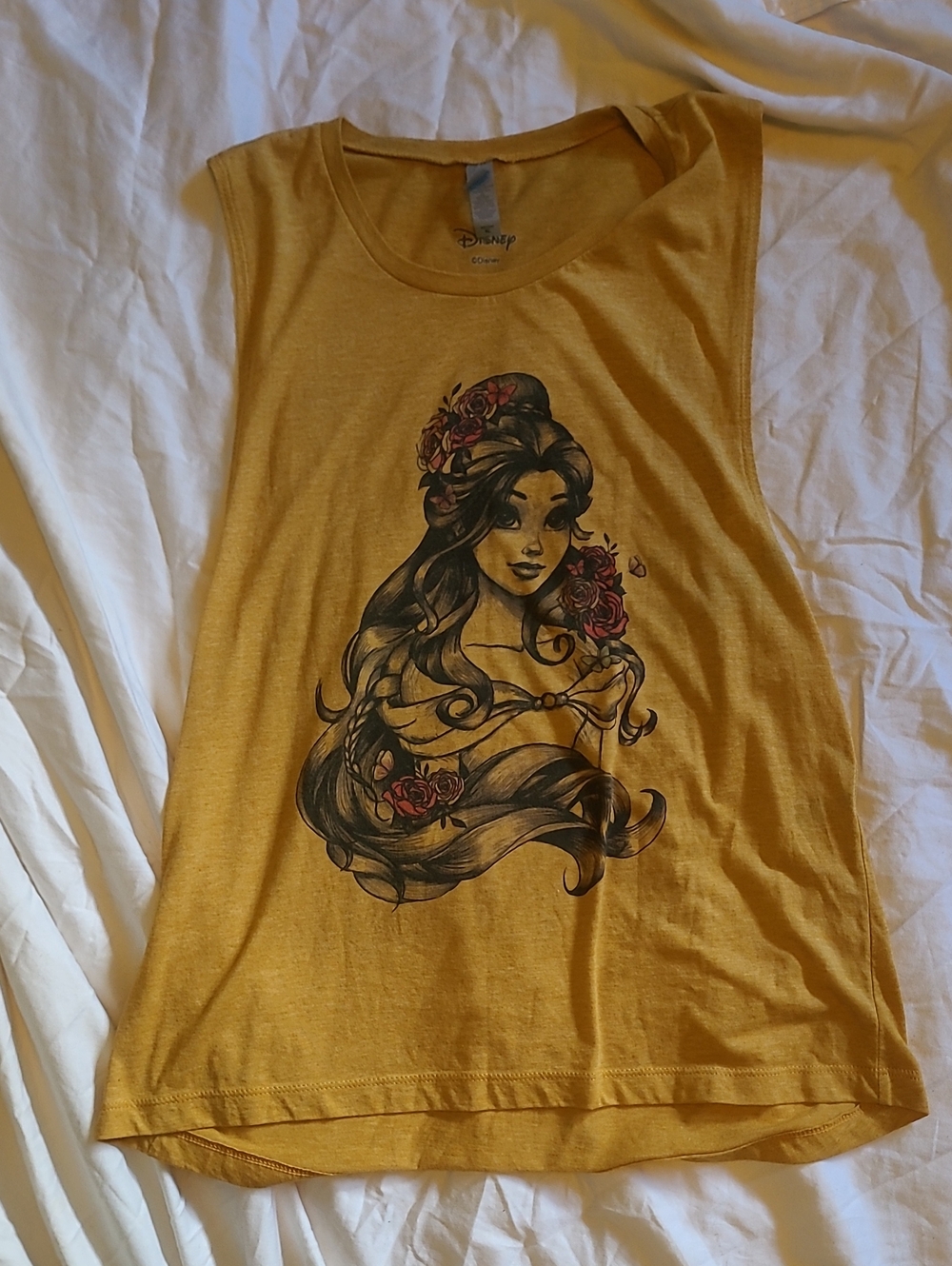 Disney Women's Mustard Yellow Graphic Tank with Rose Accent